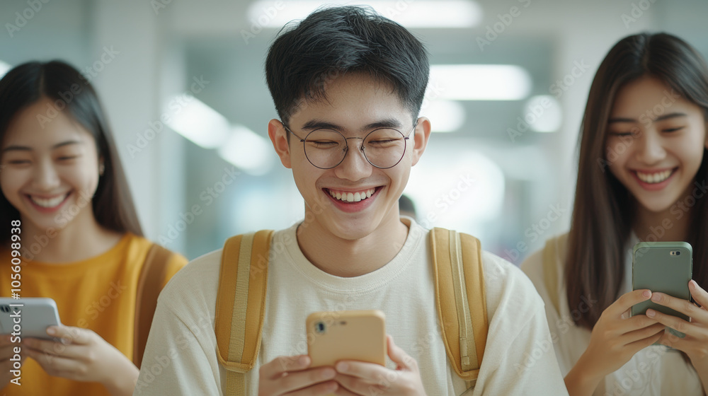 Three young adults are happily using their smartphones, standing close together in a bright environment, with joyful expressions and casual attire. Three young adults are happily using their smartphones, standing close together in a bright environment, with joyful expressions and casual attire.