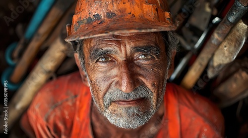 A close-up portrait of a rugged, hardworking miner wearing an orange helmet, surrounded by tools, showcasing the grit and determination etched on his weathered face.