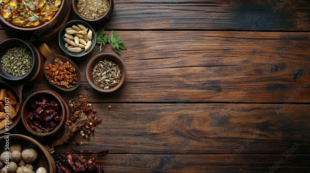 Herbs and spices in ceramic pots on a rustic wooden background, copy space Herbs and spices in ceramic pots on a rustic wooden background, copy space