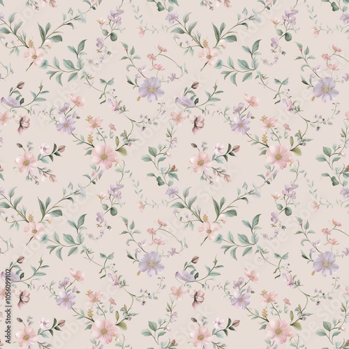 Soft pastel floral pattern with delicate flowers on beige background