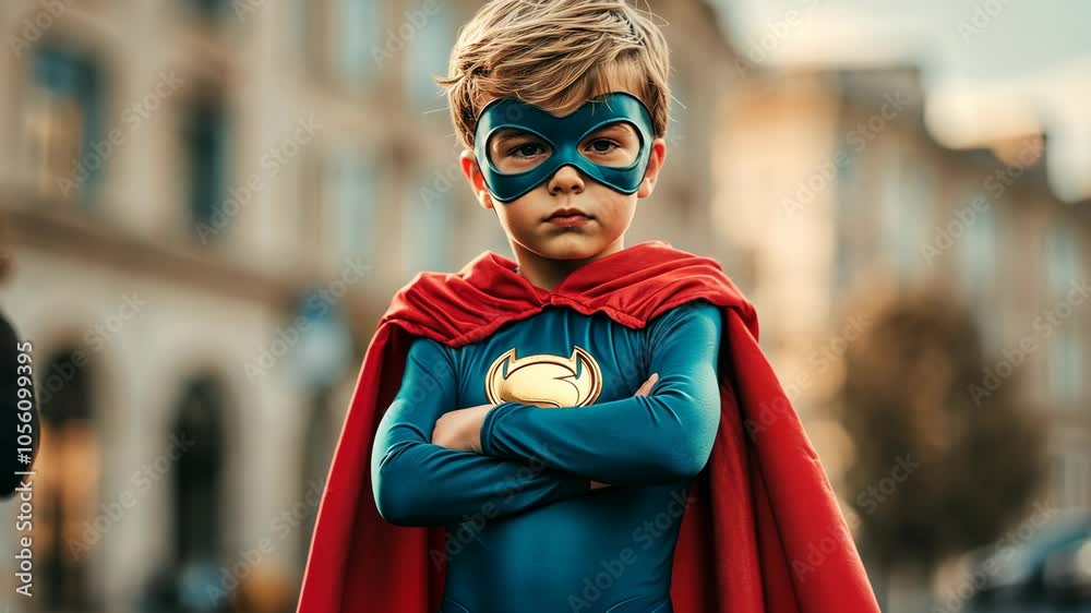 A young boy dressed as a superhero stands with his arms crossed in an urban setting