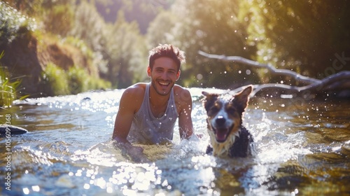 A young man smiling as his dog splashes in a river, both having fun outdoors