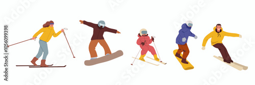 Set of winter skier in various position. Collection of sportsman doing sport activity. Extreme outdoor activity. Youth competition. Isolated on white background. Vector illustration.