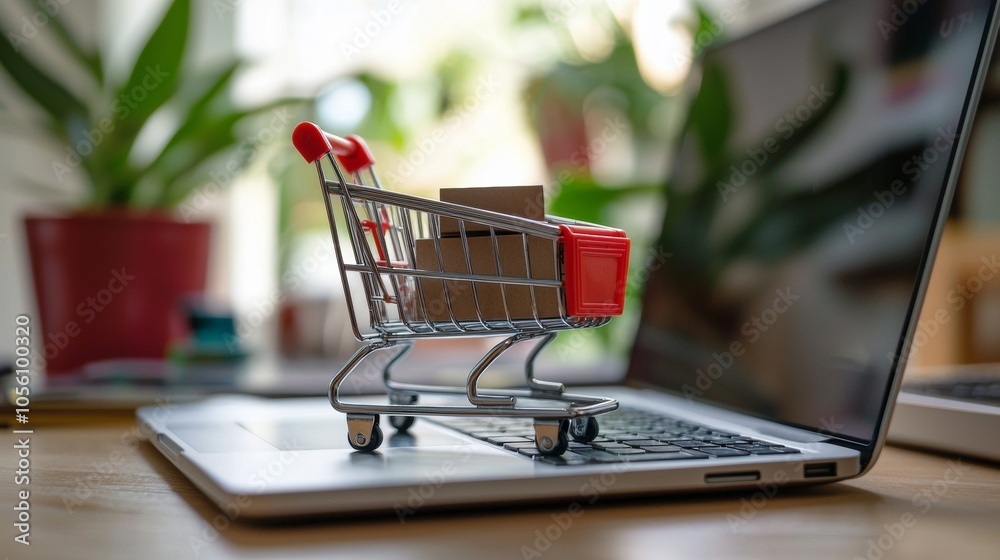 Online Shopping Concept Featuring a Mini Shopping Cart Positioned on a Laptop Keyboard for Your Convenience Online Shopping Concept Featuring a Mini Shopping Cart Positioned on a Laptop Keyboard for Your Convenience