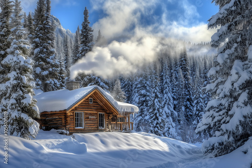 A charming log cabin nestled in a serene snowy landscape, with smoke gracefully rising from its chimney. Generative AI