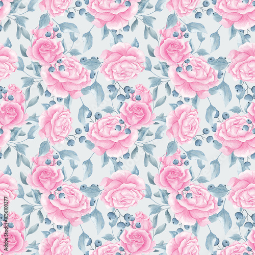 Pink roses, leaves. Garden plants. Watercolor roses. Seamless floral pattern. Roses, watercolor, texture. Home textiles. Tablecloth. Interior, wallpaper. Watercolor roses. Pink. Spring, summer. Flower