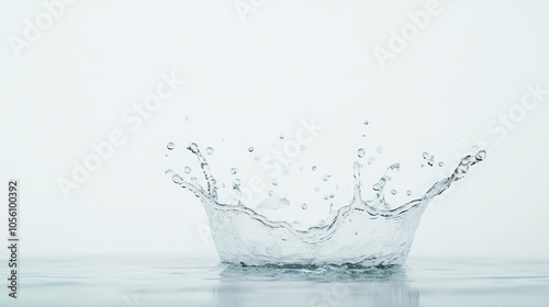 A droplet splashes into a calm surface, creating a dynamic water crown against a minimalist white background.