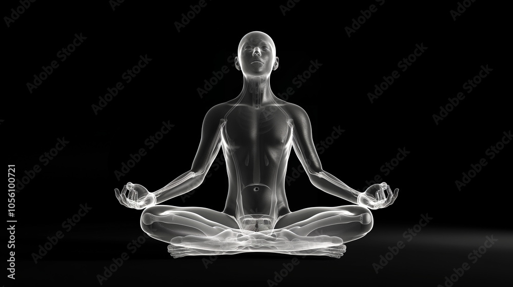 Transparent figure meditating in a serene pose. Transparent figure meditating in a serene pose.