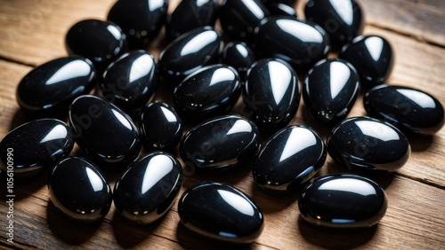 Close-up shot of apache tears stones. The unique, natural shine of these black gemstones adds a powerful, protective energy, perfect for metaphysical or meditation visuals. photo