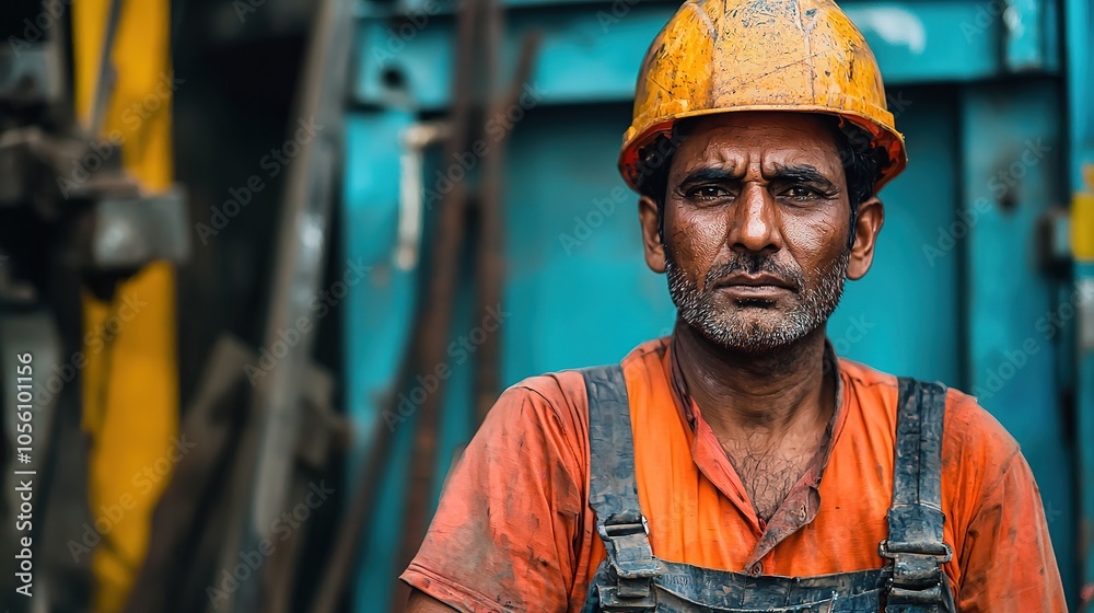 A gritty portrait of a hardworking laborer wearing a yellow helmet and orange overalls, showcasing determination amidst a rugged environment. A gritty portrait of a hardworking laborer wearing a yellow helmet and orange overalls, showcasing determination amidst a rugged environment.