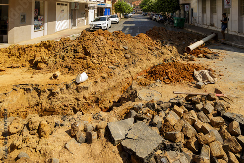 Work to replace sewage pipes in the center of the city of Guarani, state of Minas Gerais, Brazil. photo