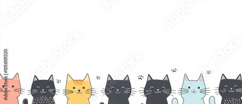Vector Colorful Cats Horizontal Seamless Pattern Background Border. Cute, hand drawn and colorful elements. Copy space