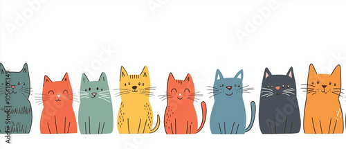Vector Colorful Cats Horizontal Seamless Pattern Background Border. Cute, hand drawn and colorful elements. Copy space