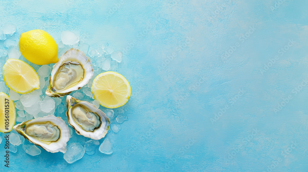 Three fresh oysters on ice are accompanied by lemon halves on a vibrant blue background, creating a refreshing seafood display. Three fresh oysters on ice are accompanied by lemon halves on a vibrant blue background, creating a refreshing seafood display.
