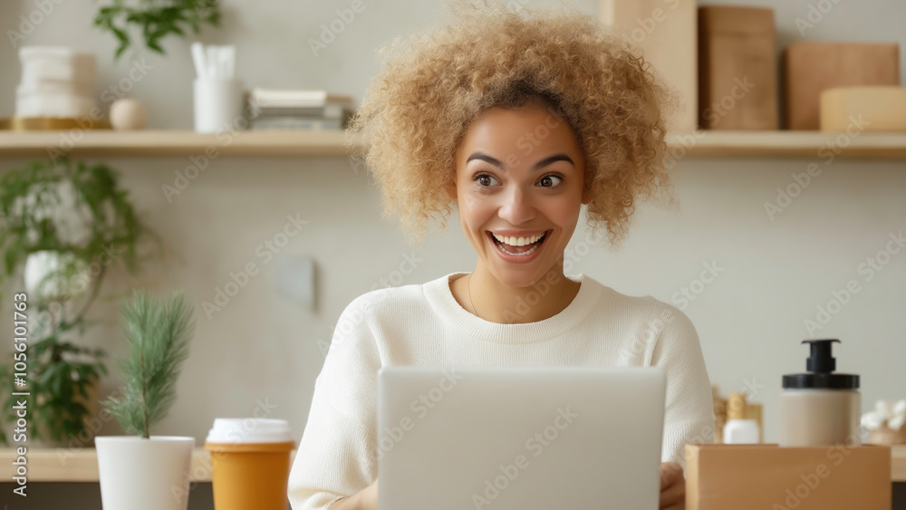Smiling woman holding laptop and browsing products on a website with feeling excited, Emphasize the discovery of new and interesting products through online shopping in a cozy home. Smiling woman holding laptop and browsing products on a website with feeling excited, Emphasize the discovery of new and interesting products through online shopping in a cozy home.