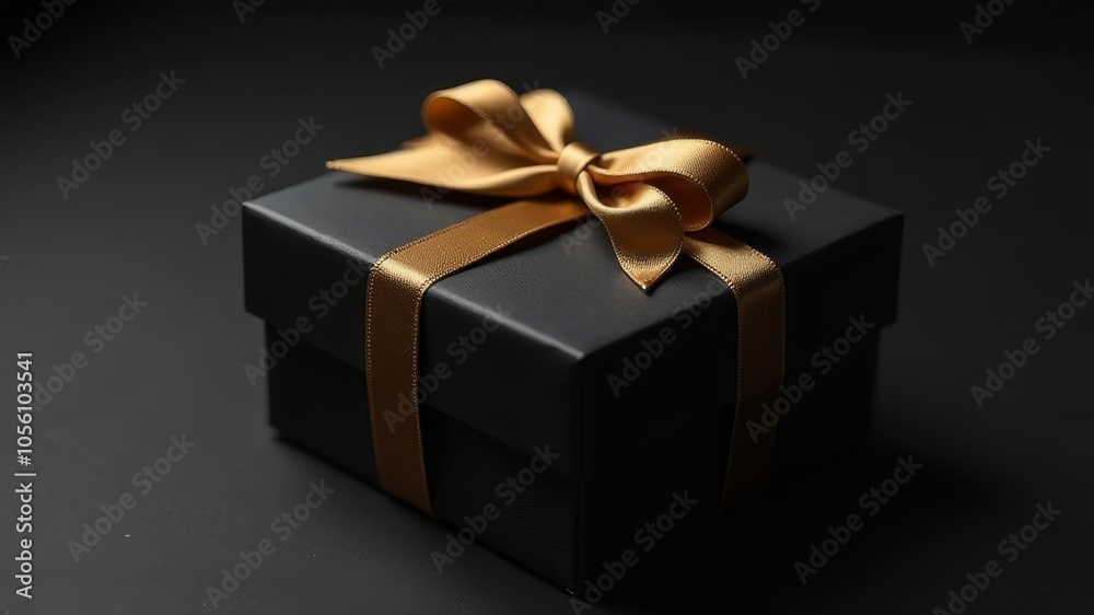 A black gift box with a gold ribbon sits on a black surface A black gift box with a gold ribbon sits on a black surface
