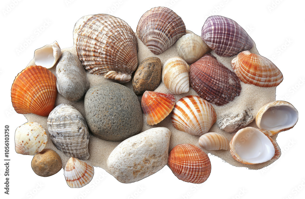Sea Shells and rocks on the sand, isolated against a white background. Sea Shells and rocks on the sand, isolated against a white background.