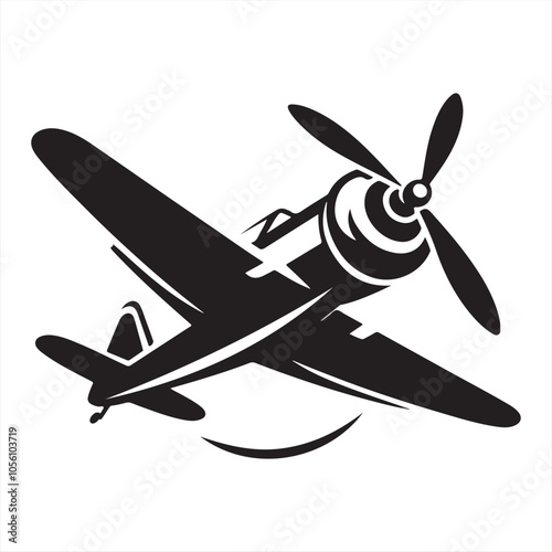 flying military propeller plane silhouette vector icon, aircraft, old plane, black silhouette