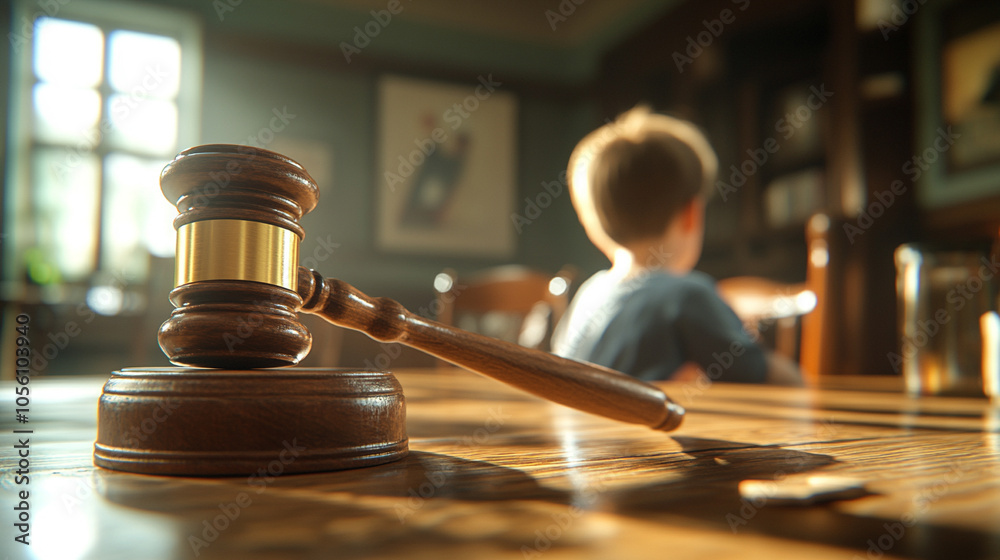 udge's gavel in focus, symbolizing law and justice, with blurred children in the background representing child custody or protection cases. Highlights legal issues surrounding children's welfare