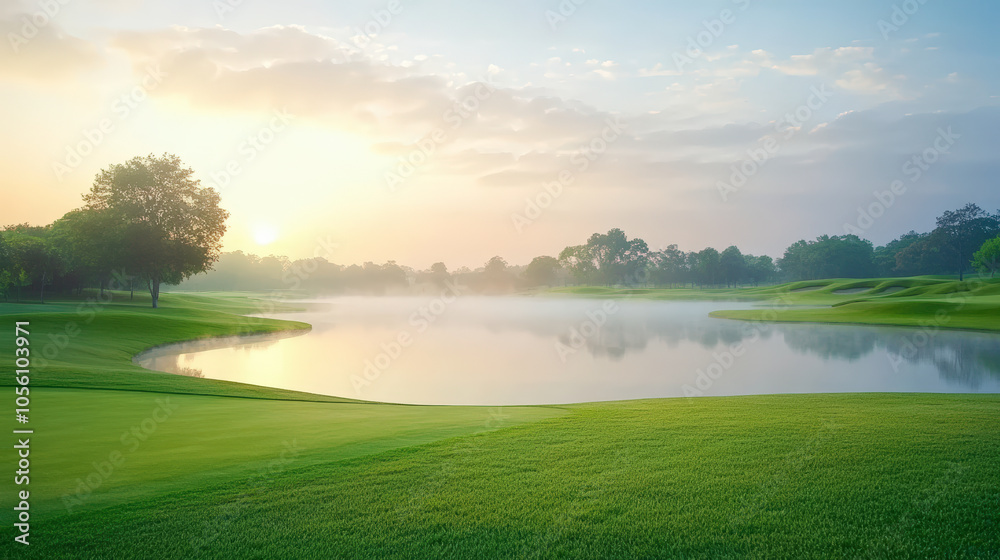 A serene sunrise over a tranquil golf course, featuring lush green fairways and a peaceful pond reflecting the morning light. A serene sunrise over a tranquil golf course, featuring lush green fairways and a peaceful pond reflecting the morning light.