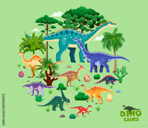 Cartoon prehistoric dinosaurs species in a round shape with lush environment, includes dino eggs, and vibrant plant life, cacti, rocks, and grass set against a green background with trees and bushes