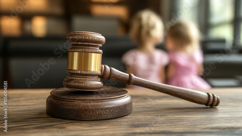 udge's gavel in focus, symbolizing law and justice, with blurred children in the background representing child custody or protection cases. Highlights legal issues surrounding children's welfare