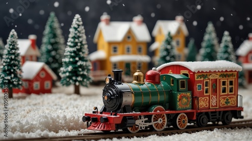 A Charming Miniature Christmas Village Featuring a Toy Train Traveling Past Snow-Covered Houses, Creating a Festive and Whimsical Holiday Scene photo