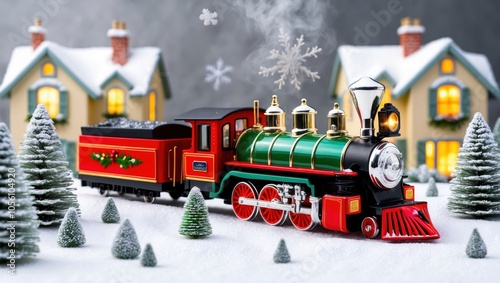 A Magical Holiday Village Scene with a Festive Train Passing by Snow-Laden Houses, Bringing Warmth and Cheer to the Season photo