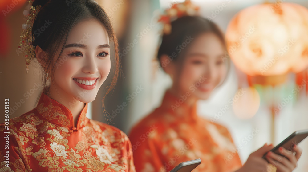 Two women in traditional attire, smiling and holding smartphones, standing in a warmly lit setting with a festive ambiance. Two women in traditional attire, smiling and holding smartphones, standing in a warmly lit setting with a festive ambiance.