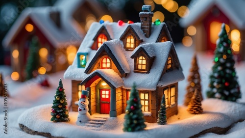 A Detailed View of a Tiny Christmas House Adorned with Colorful Lights and a Snowman in the Front Yard, Set Against a Snowy Winter Backdrop, Creating a Cozy Holiday Scene photo