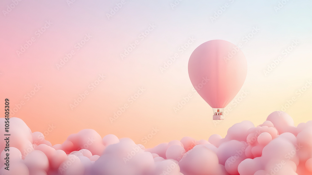 A pink hot air balloon floats gently above fluffy pastel clouds, creating a dreamy and serene sky scene at sunrise or sunset. A pink hot air balloon floats gently above fluffy pastel clouds, creating a dreamy and serene sky scene at sunrise or sunset.