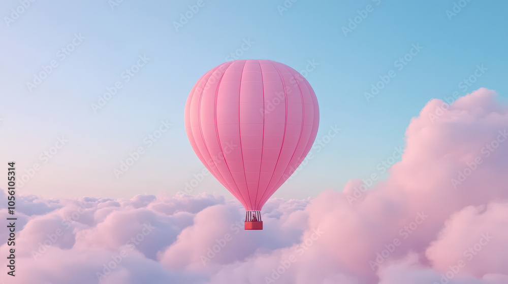Obraz premium A pink hot air balloon floats gently among fluffy, pastel clouds against a serene blue sky, creating a dreamy and peaceful atmosphere.