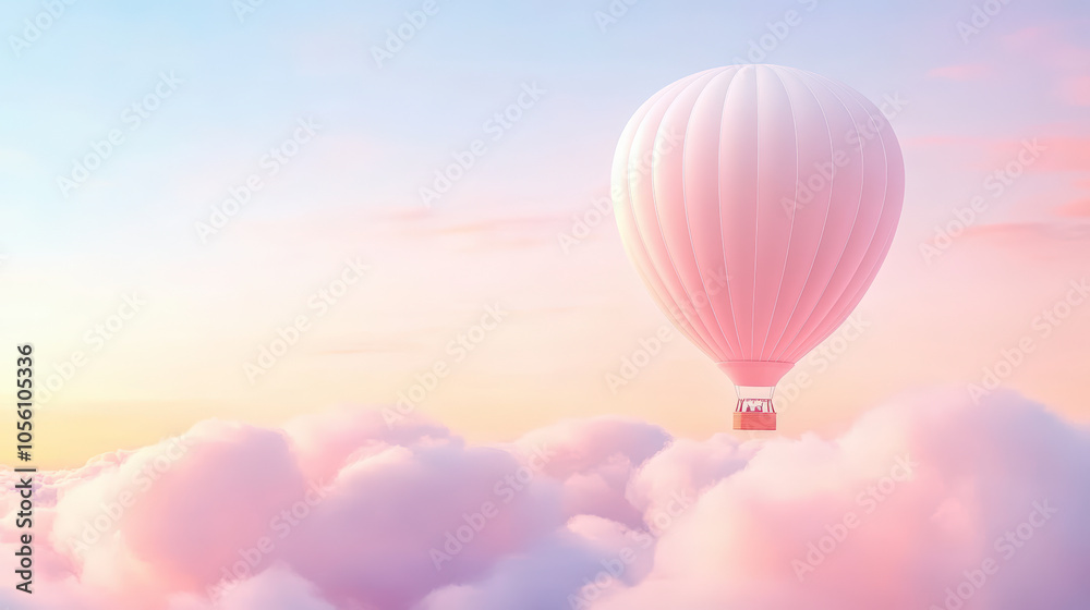 Fototapeta premium A white hot air balloon floats serenely above fluffy pink clouds at sunset, creating a dreamy and tranquil sky scene.