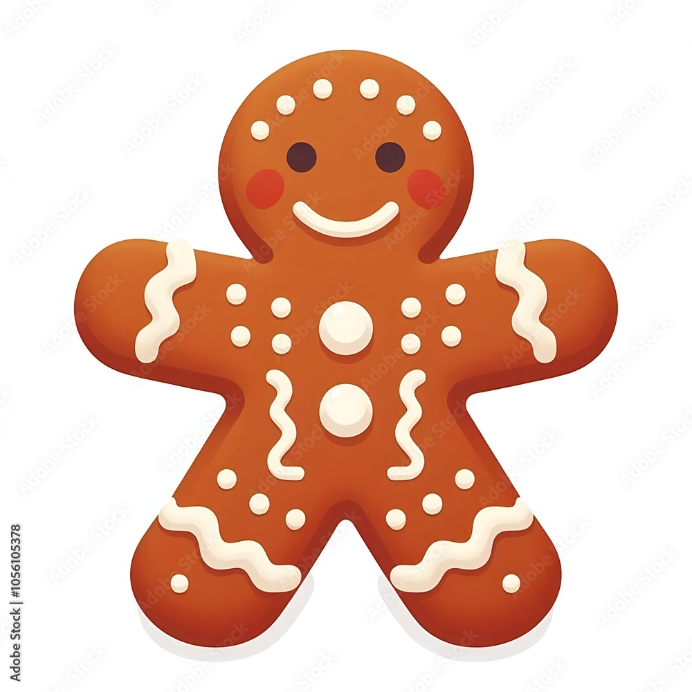 Obraz premium Flat, isolated illustration of a gingerbread man cookie decorated with white icing details on white background. Simple, cheerful design capturing the festive holiday spirit.