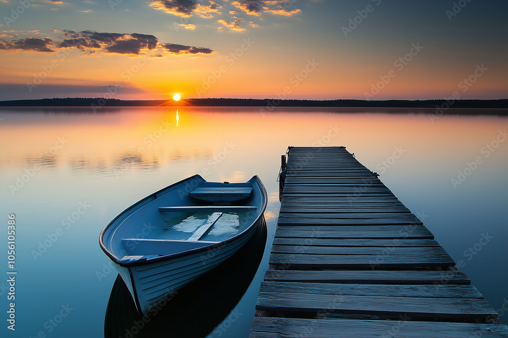 Naklejka premium Serene lake at sunset, with small wooden dock leading out to calm waters, lone rowboat gently floating. Generative AI