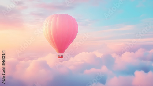 A serene pink hot air balloon floats gracefully above fluffy clouds beneath a pastel sky, creating a peaceful and dreamlike atmosphere.