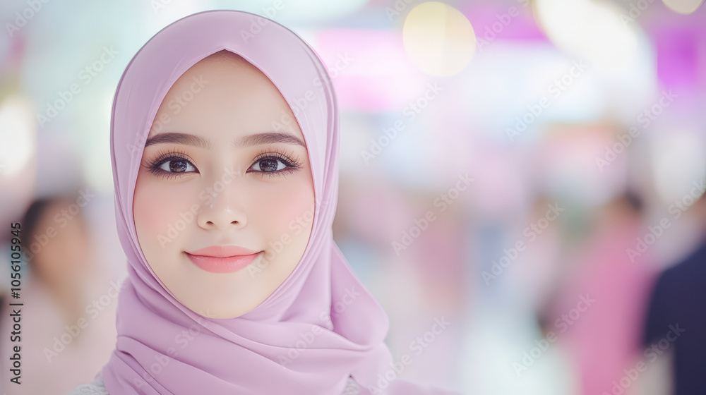 A woman wearing a light purple hijab smiles softly, set against a softly blurred, colorful background, creating a serene and positive atmosphere. A woman wearing a light purple hijab smiles softly, set against a softly blurred, colorful background, creating a serene and positive atmosphere.