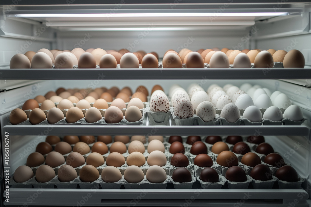fridge full of farm-fresh eggs in cartons arranged neatly fridge full of farm-fresh eggs in cartons arranged neatly