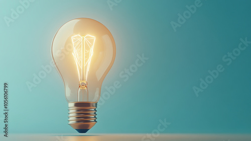 A glowing incandescent light bulb on a minimalist blue background, symbolizing creativity and innovation, stands alone on a smooth surface. photo