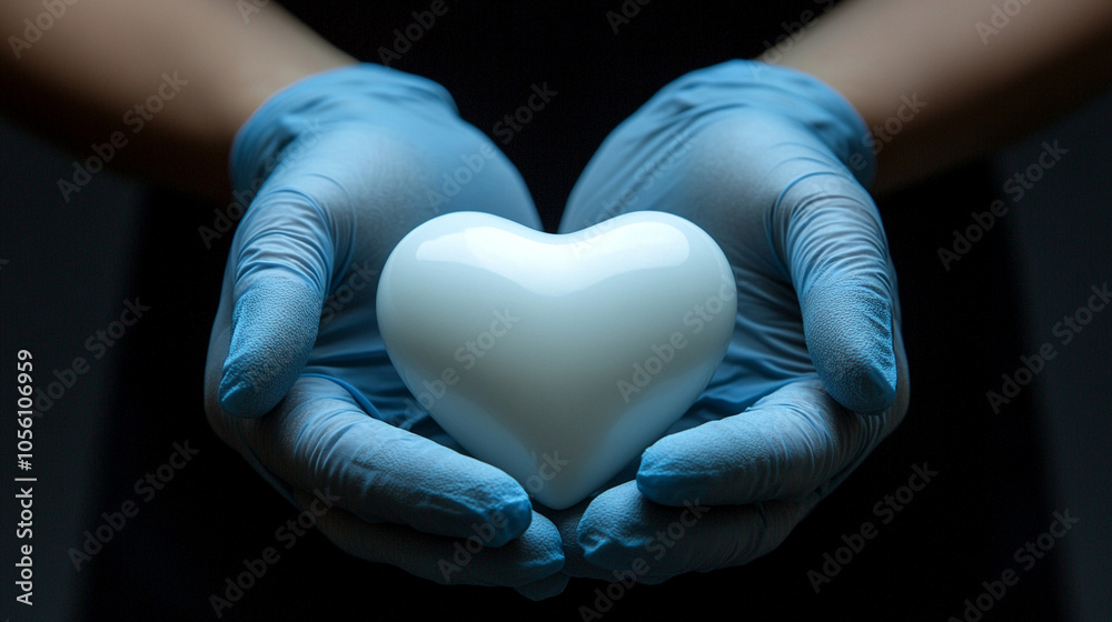 doctor’s hands wearing blue surgical gloves, carefully holding a red heart symbolizing compassion, care, and medical expertise in a healthcare setting doctor’s hands wearing blue surgical gloves, carefully holding a red heart symbolizing compassion, care, and medical expertise in a healthcare setting