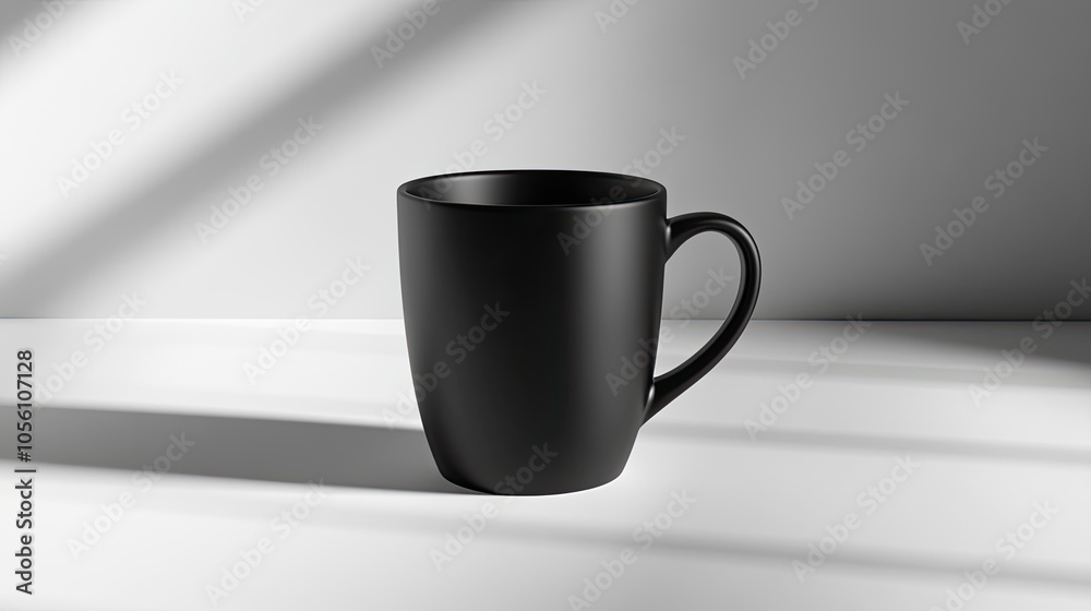 Elegant Black Ceramic Mug on Minimalist Surface Elegant Black Ceramic Mug on Minimalist Surface