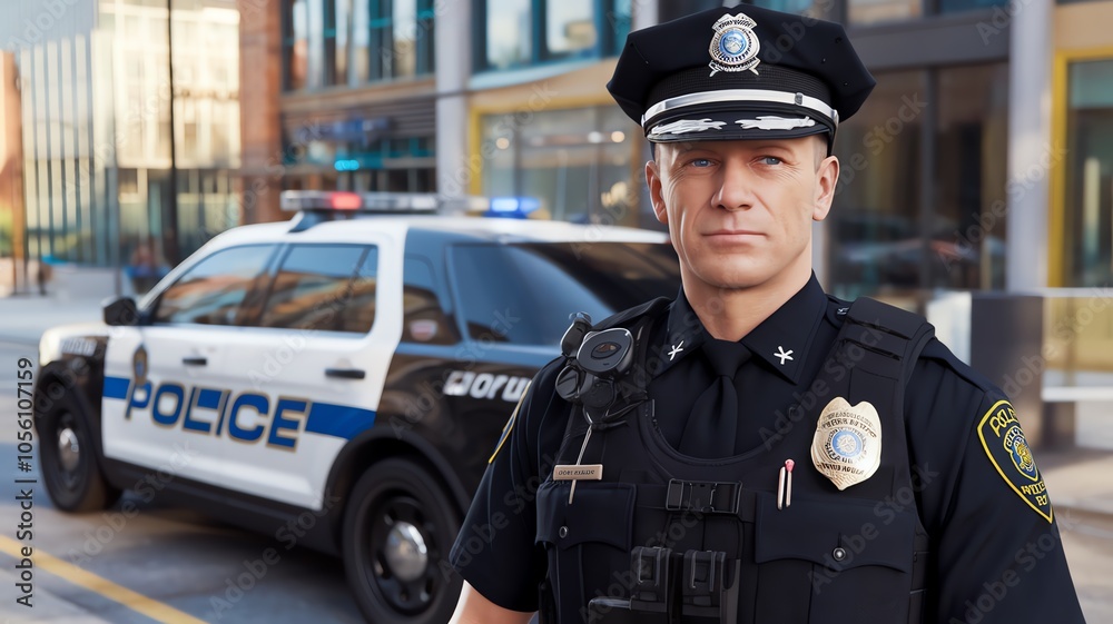 Police officer in uniform standing confidently in front of a patrol car on an urban street, showcasing authority and dedication. Police officer in uniform standing confidently in front of a patrol car on an urban street, showcasing authority and dedication.