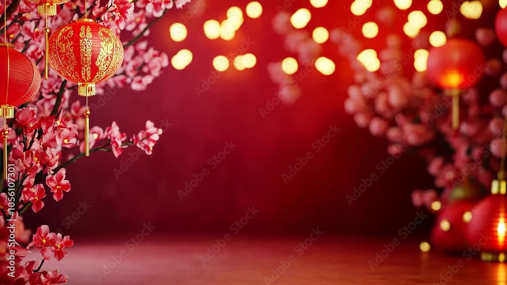 Red lanterns hang from cherry blossom branches against a red backdrop with blurred lights Red lanterns hang from cherry blossom branches against a red backdrop with blurred lights