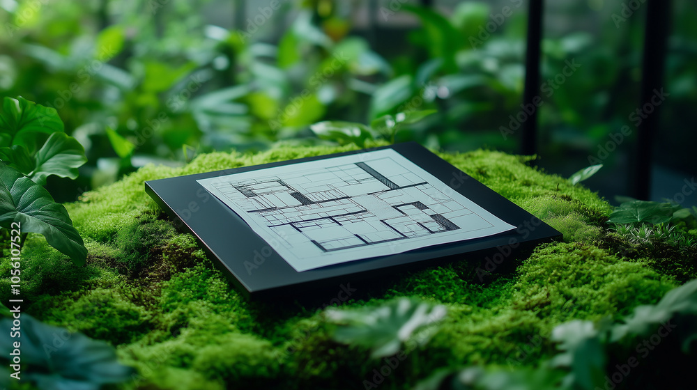 Φωτογραφία Blueprints are displayed atop a bed of fresh moss and surrounded by vibrant plant life, representing the concept of green building and sustainable development