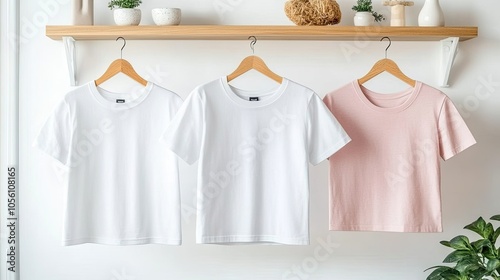 Three white T-shirts and one pink shirt hang on wooden hangers in a children's room. Above them, an empty shelf holds small vases while sunlight brightens the space photo