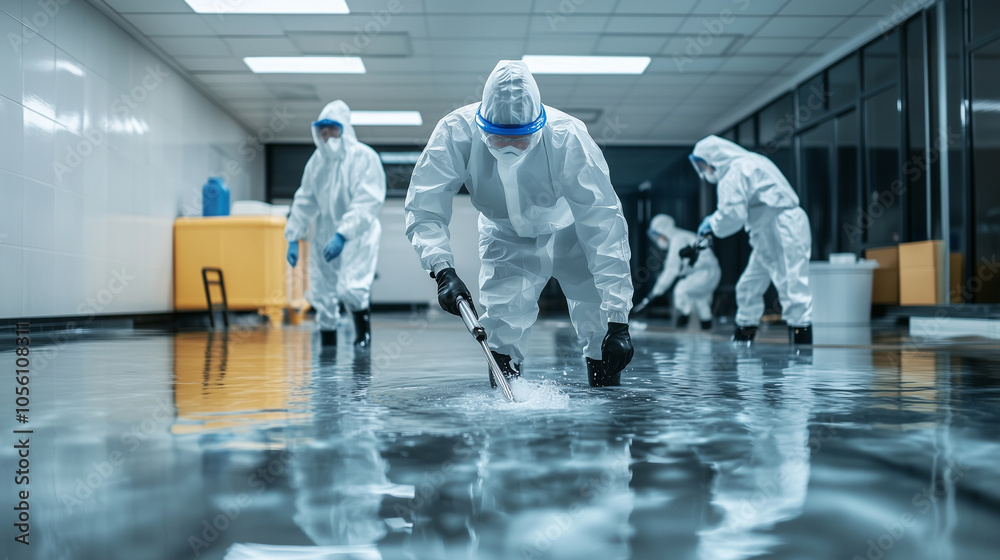 A team of workers in full protective gear uses industrial-grade equipment to remove floodwater from a room, the floor covered in a sheen of water and scattered debris. A team of workers in full protective gear uses industrial-grade equipment to remove floodwater from a room, the floor covered in a sheen of water and scattered debris.