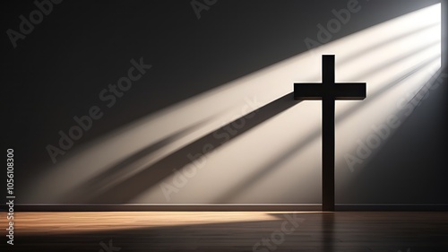 Black wooden cross in praying room, Christian church interior. with light coming out from window.