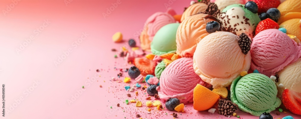 Multicolored ice cream scoops on a pastel pink background, simple composition with clean lines Multicolored ice cream scoops on a pastel pink background, simple composition with clean lines