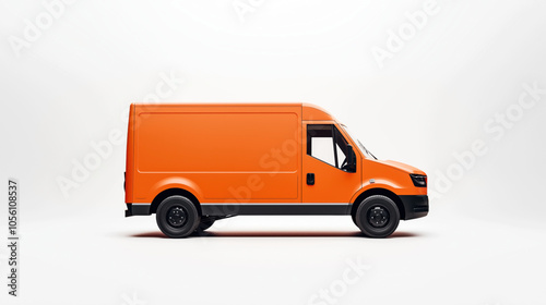 Side view of an orange delivery van with black wheels on a neutral background, highlighting its modern design and compact structure.