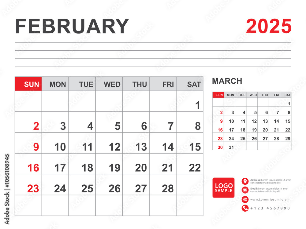 Stockvektorbilden February 2025 layout Calendar 2025 template